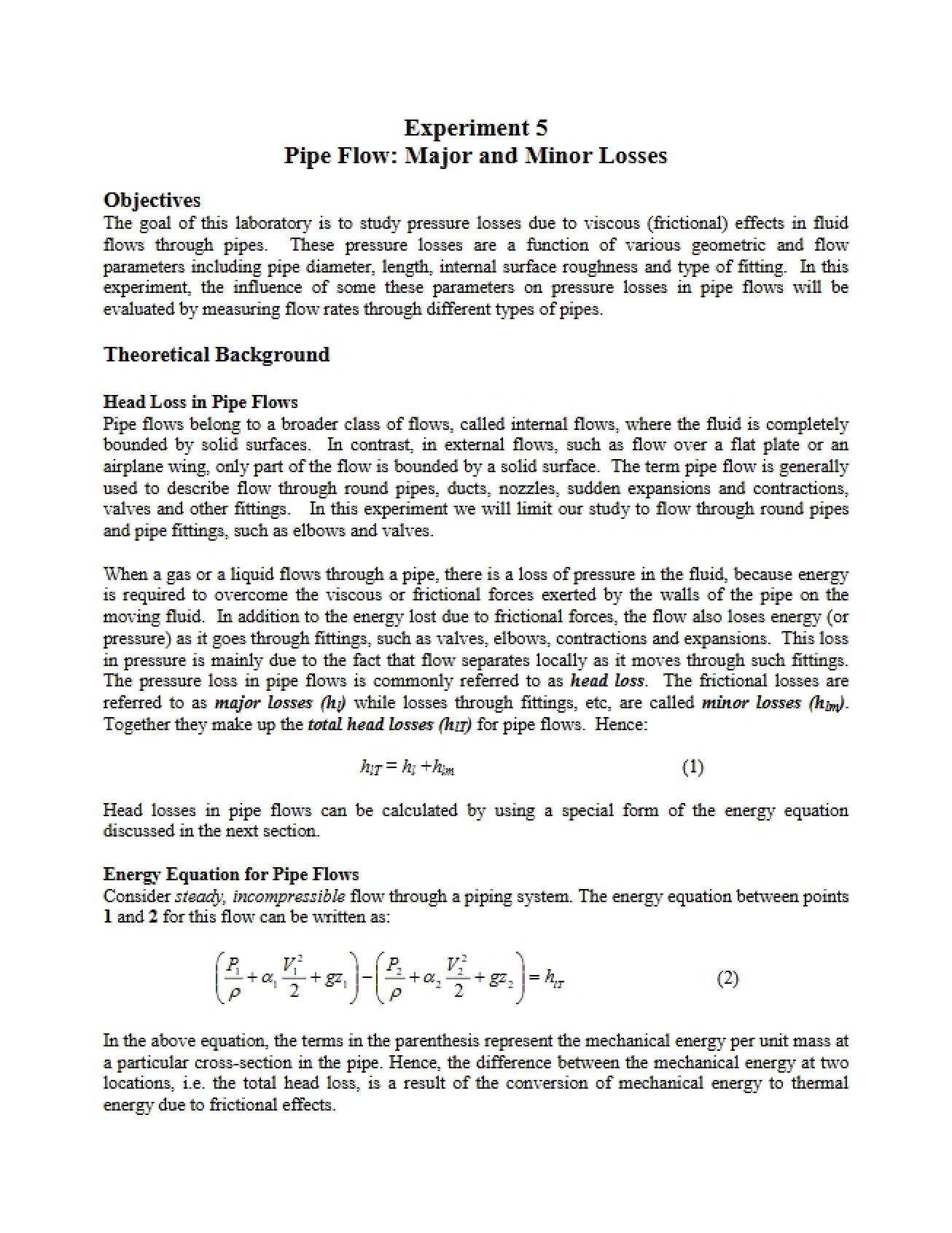Fifth Laboratory Experiment for Thermal-Fluids