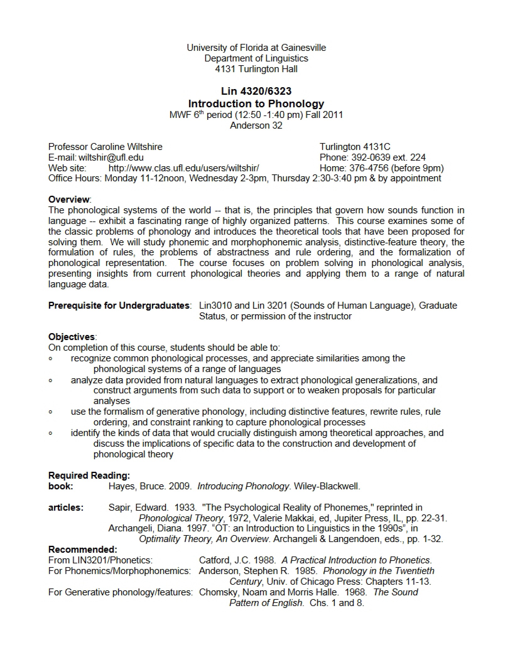Phonology Course Syllabus