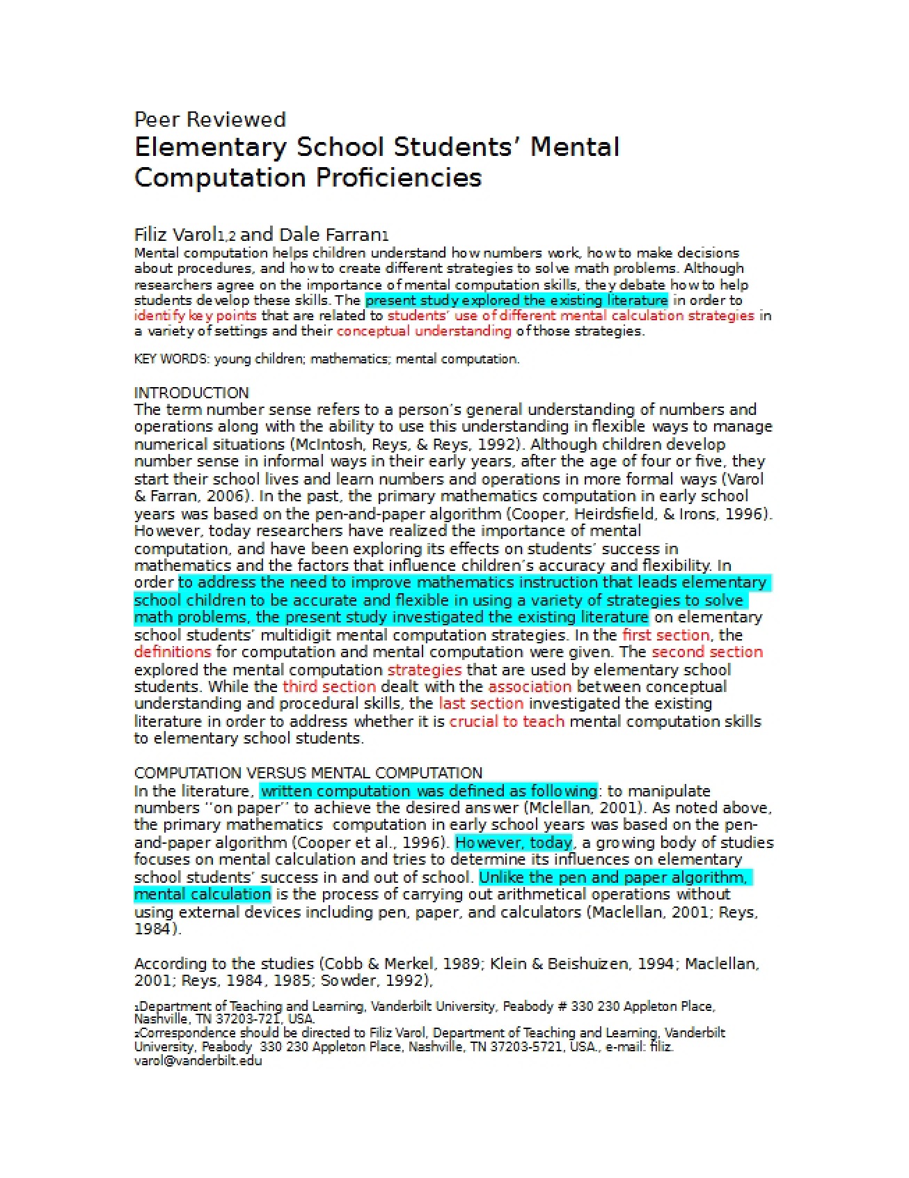 Proficiencies in Mental Computation
