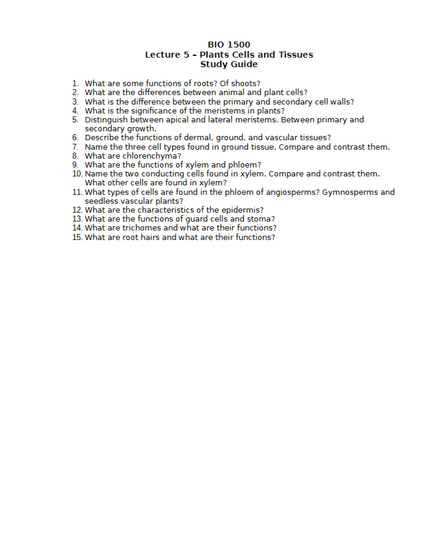 Tissues and Cells of Plants Lecture Five