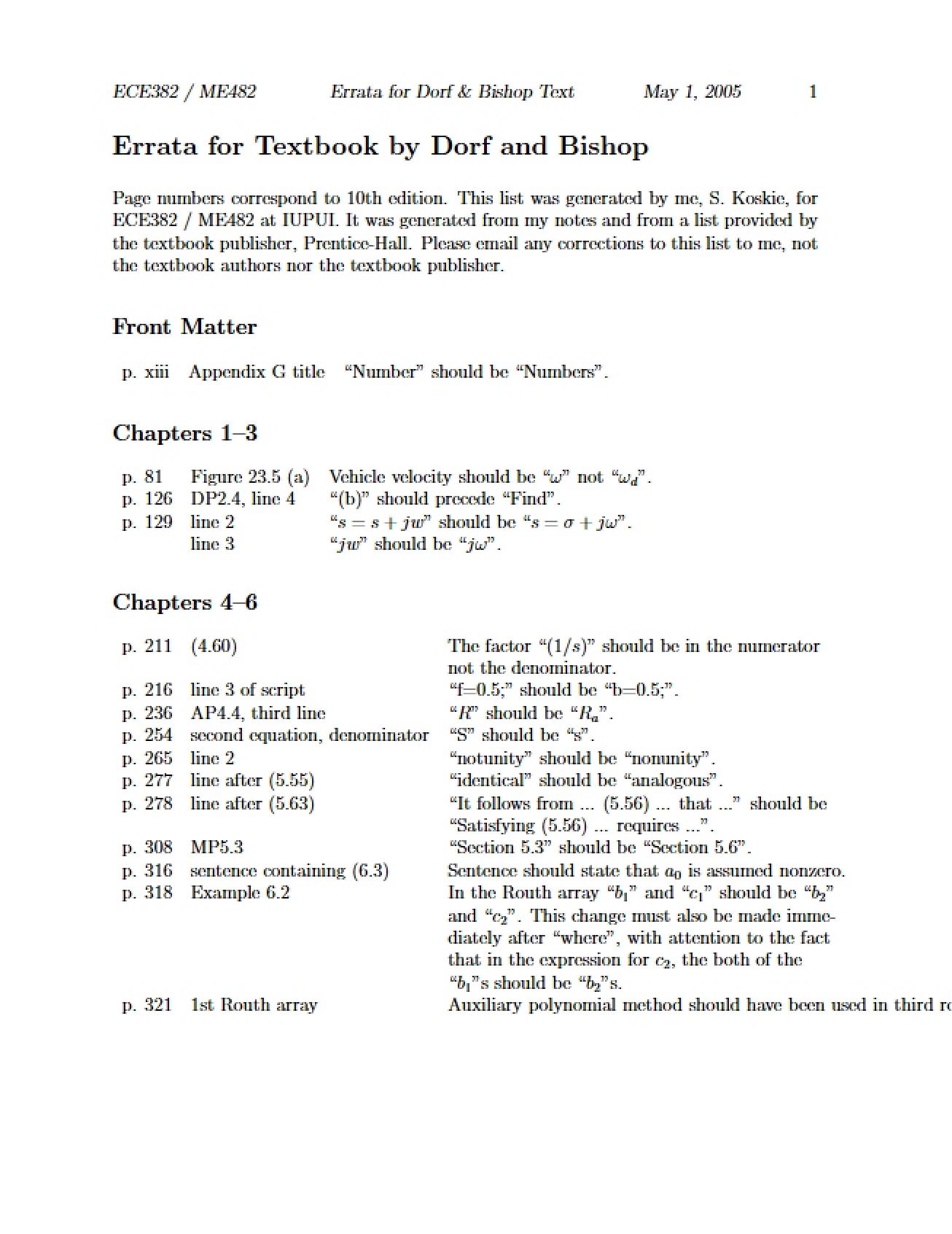 Dorf and Bishop Textbook Errata