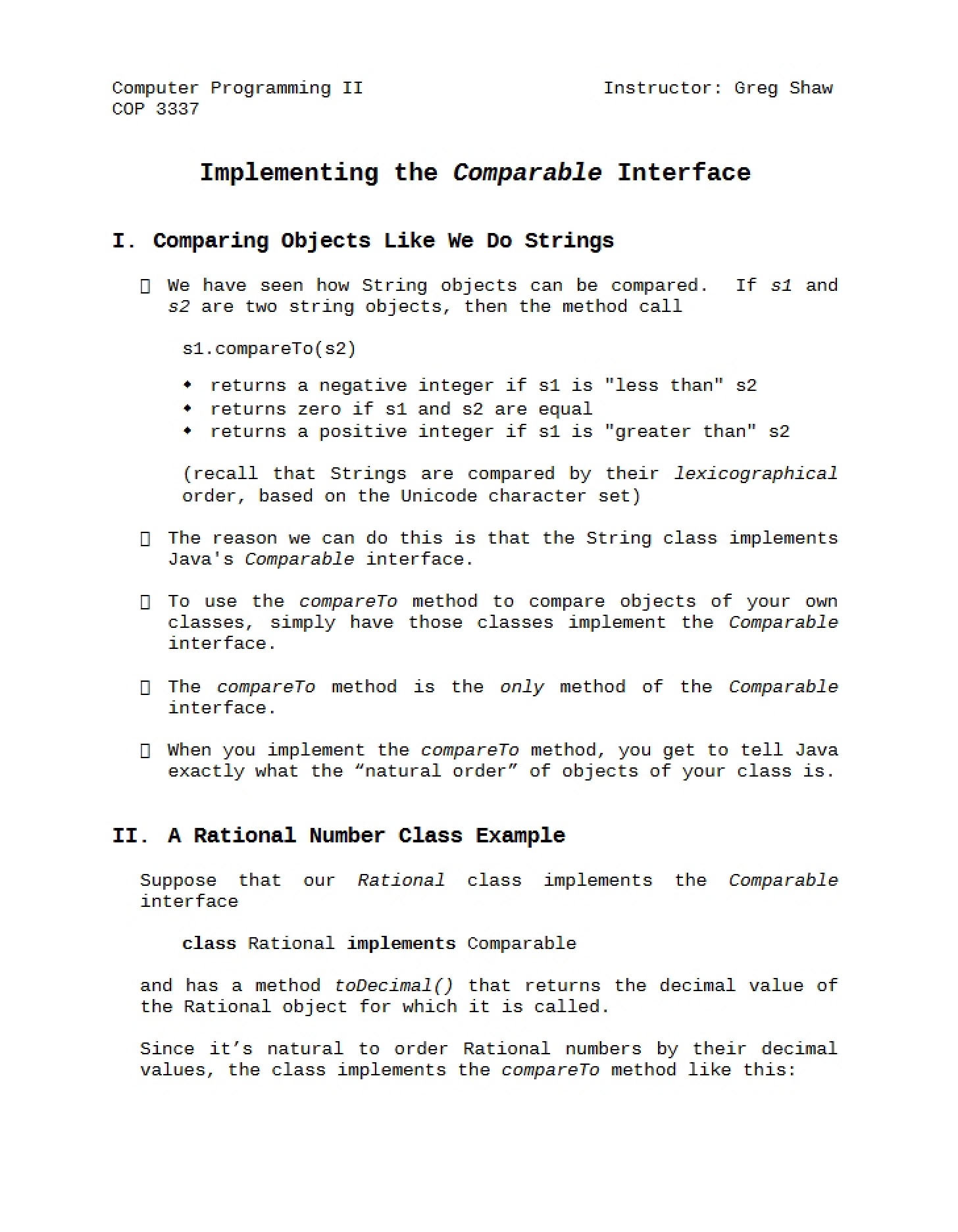 Comparable Interface Implementation