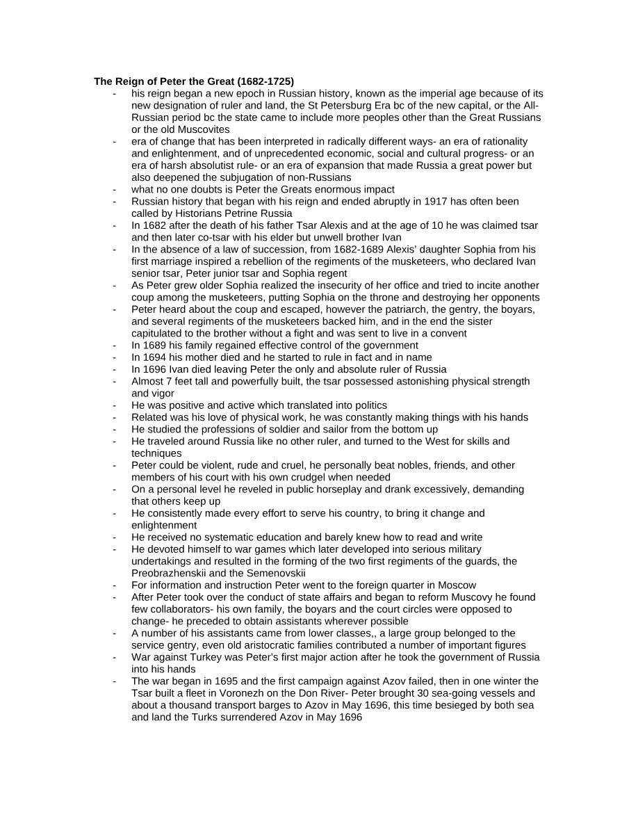 Notes on Peter the Great Reforms and Successors