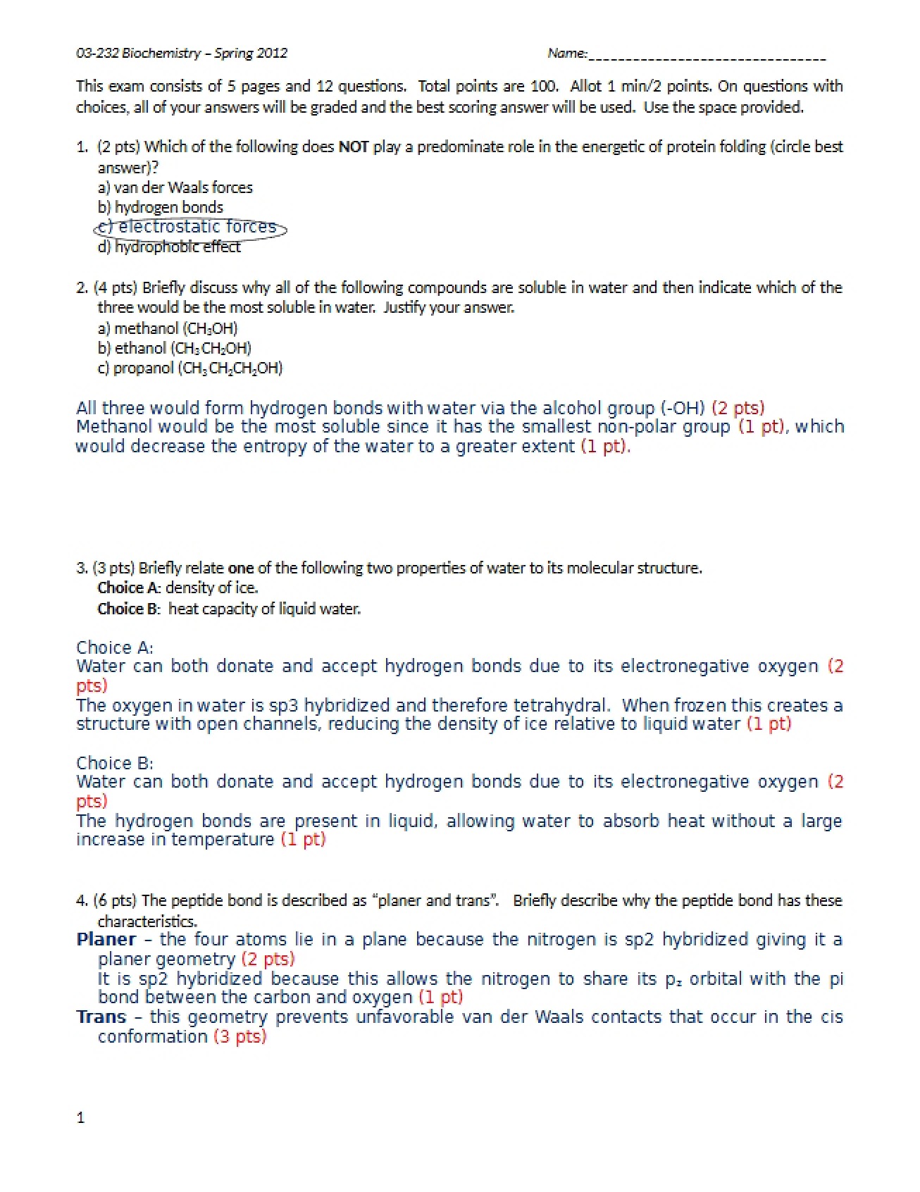 Exam for Biochemistry I (BSC 03232)