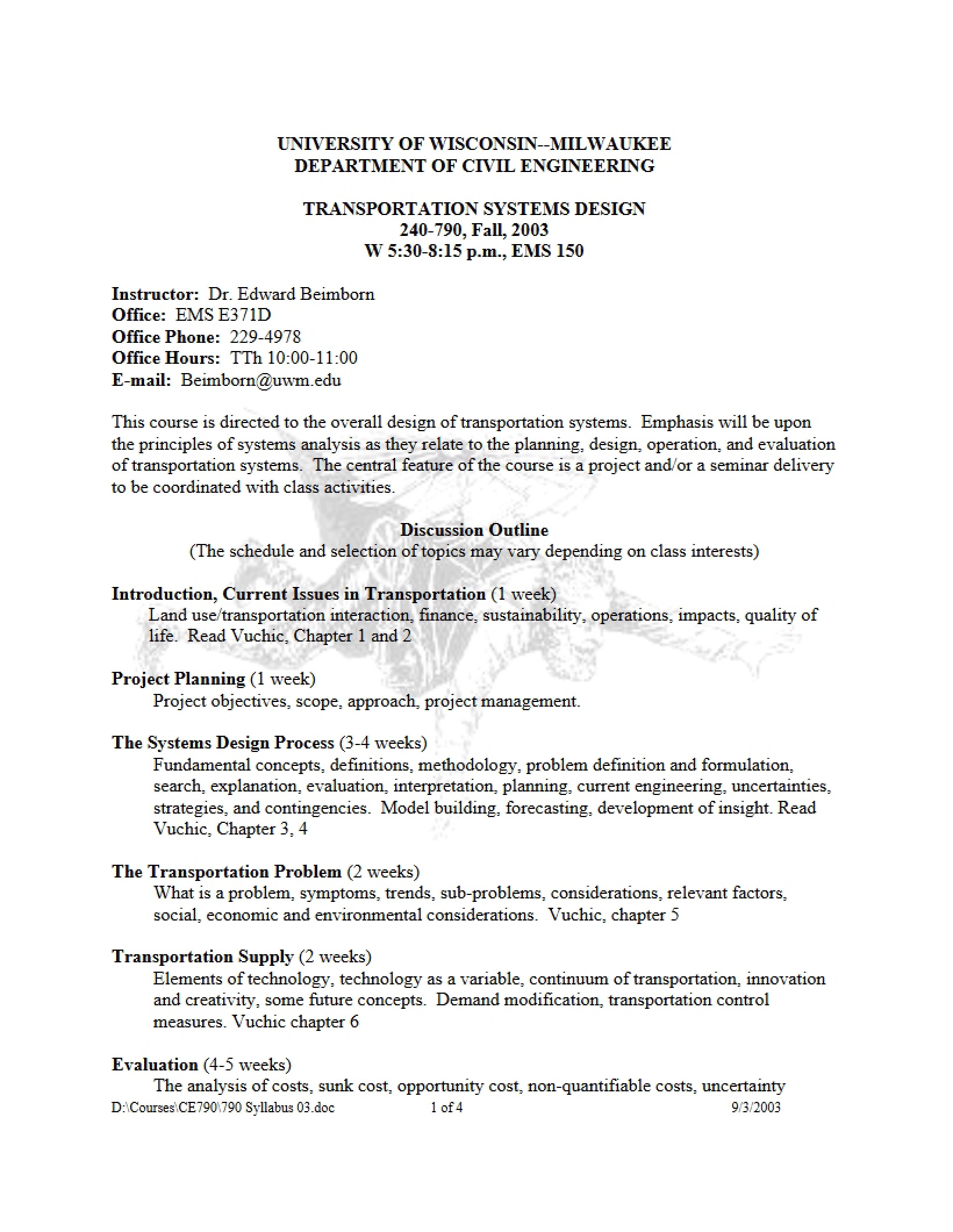 Syllabus for Transportation Systems Design