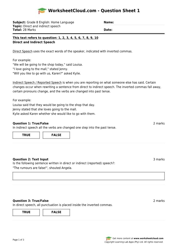 Direct and Indirect Speech - A Grade 8 English Resource