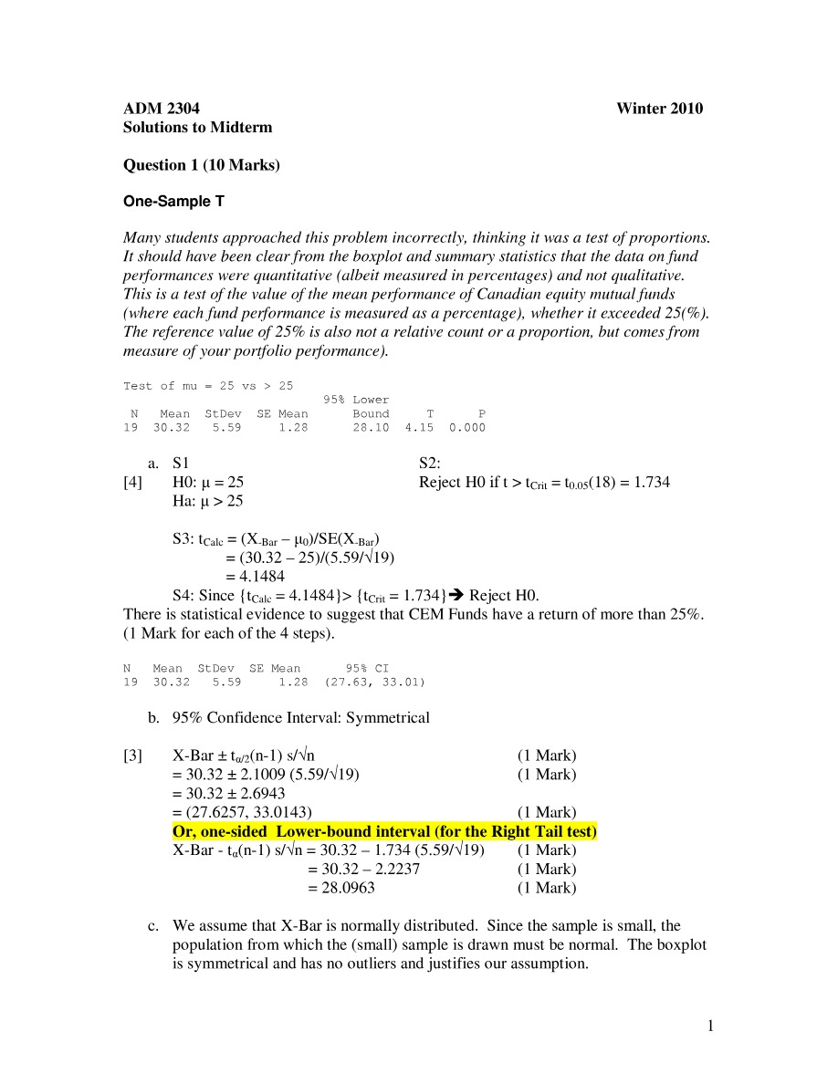 Winter 2010 Solutions for ADM 2304 Midterm
