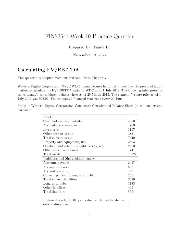 Week 10 Practice Question for FINS3641