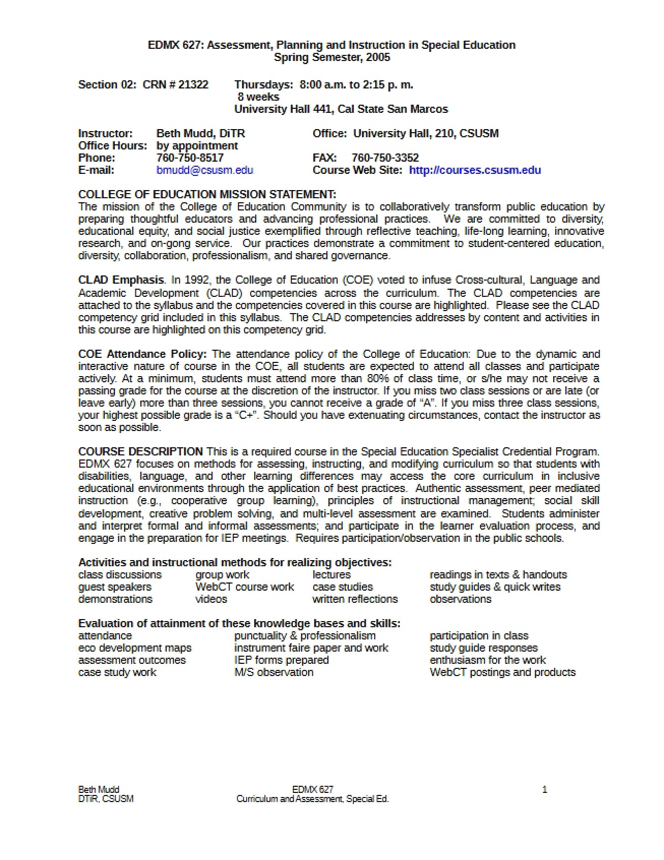 Mudd Special Education Assessment Syllabus
