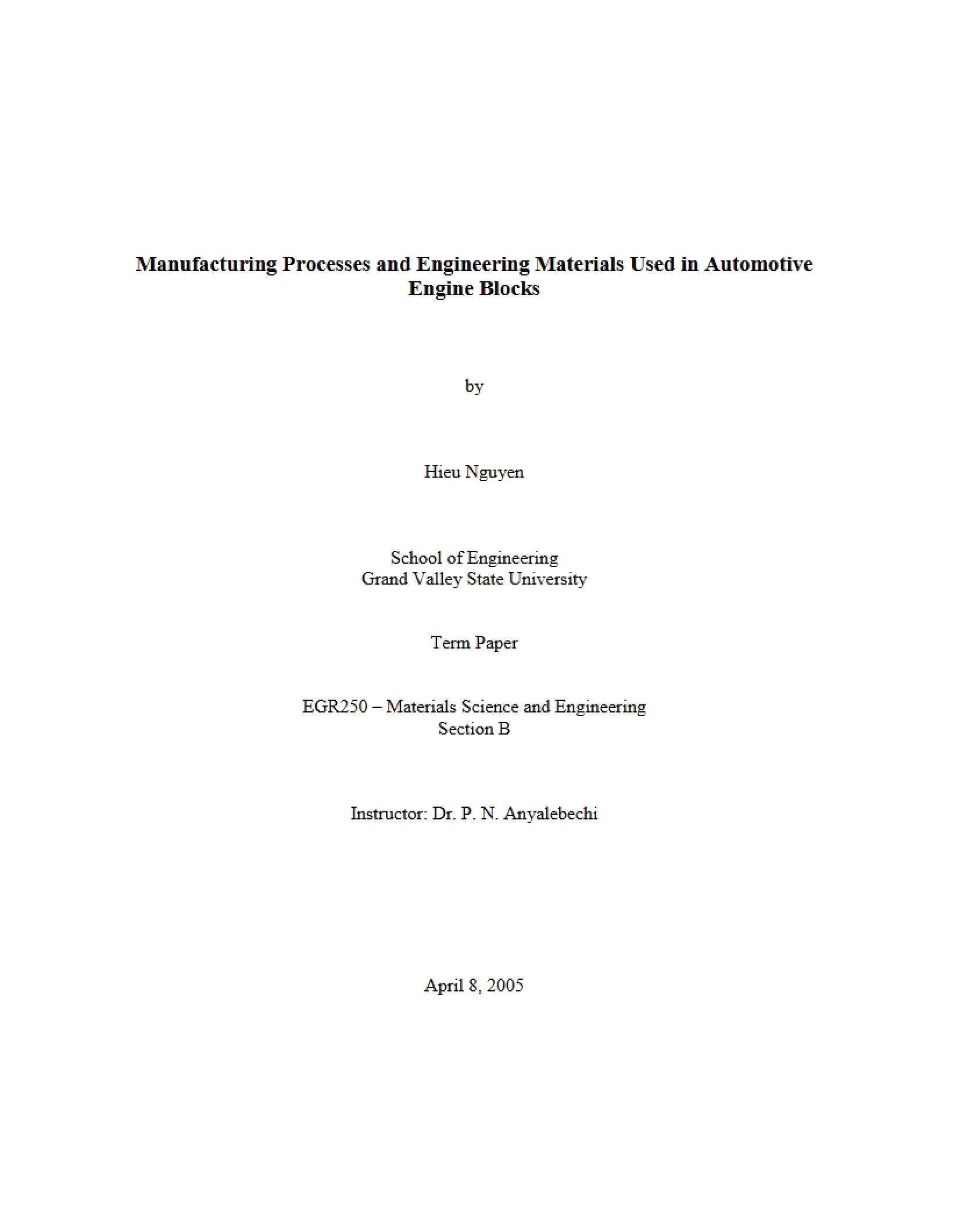Automotive Engine Blocks Engineering Materials and Manufacturing