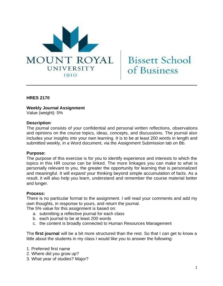 Weekly Journal Assignment - HRES 2170