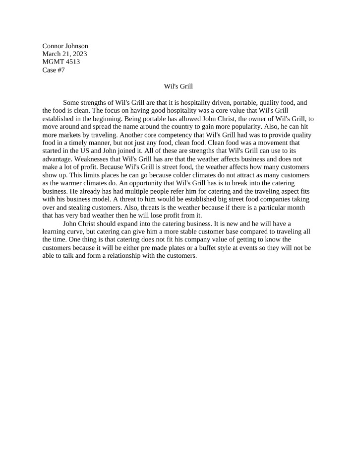 Wil's Grill - Leveraging Strengths and Opportunities