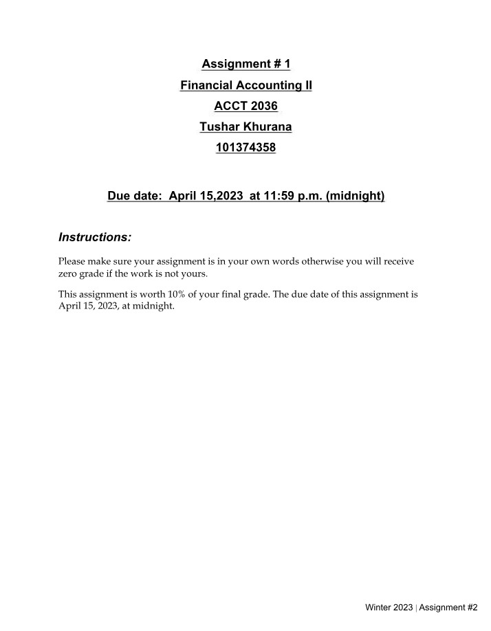 Assignment 1 - Financial Accounting II