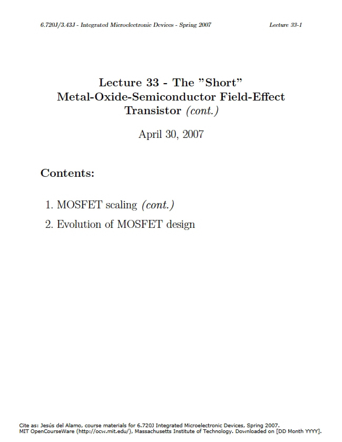 Short Metal-Oxide-Semiconductor Field-Effect Transistor Analysis