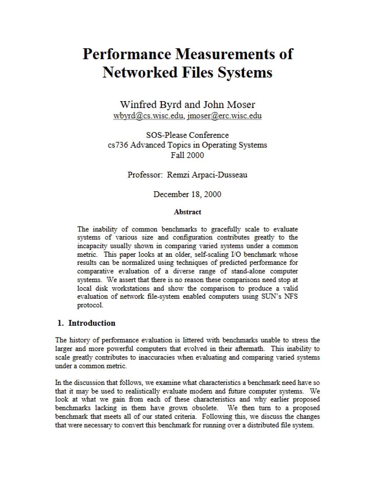 Networked File Systems Measuring Performance