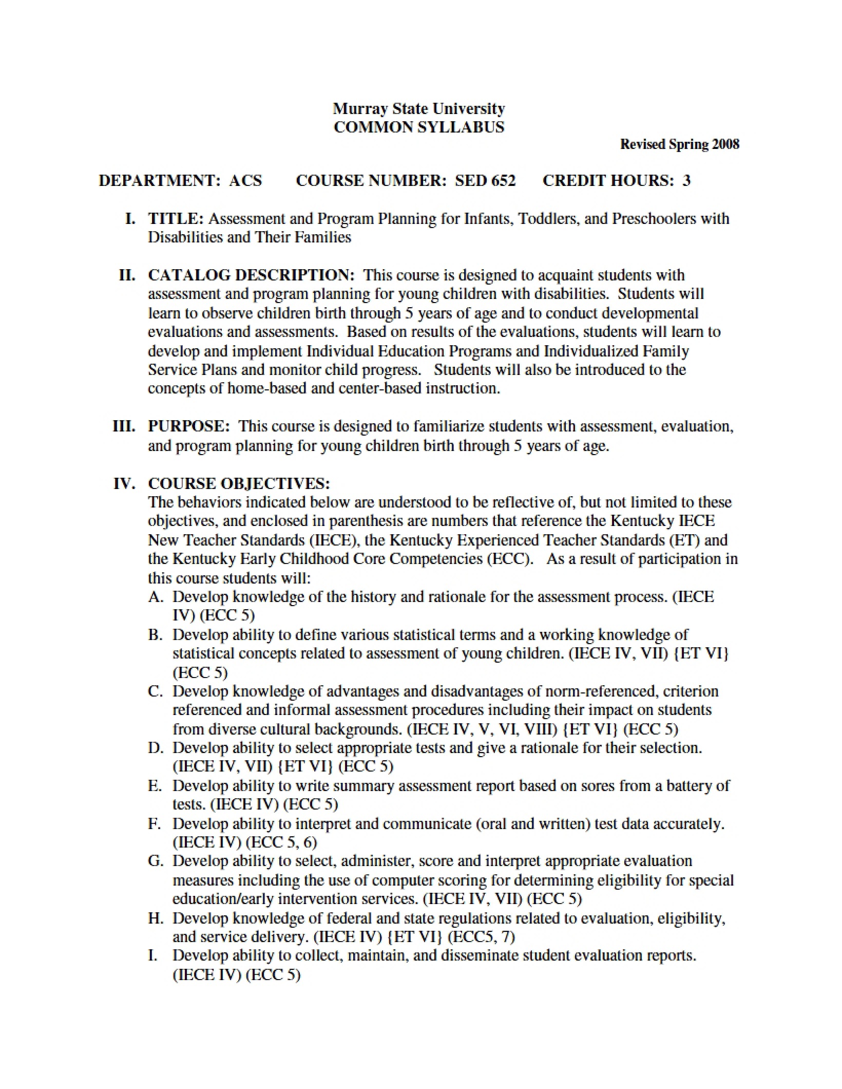 Syllabus - Assessment and Program Planning - Infants, Toddlers, Preschoolers and Families