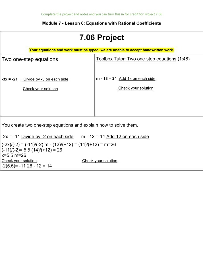 Two One-Step Equations with Rational Coefficients