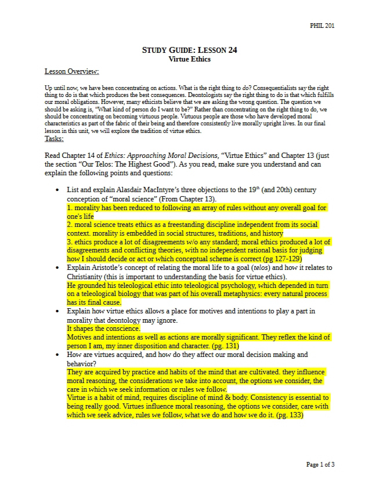 Twenty-Fourth Lesson Study Guide for Philosophy