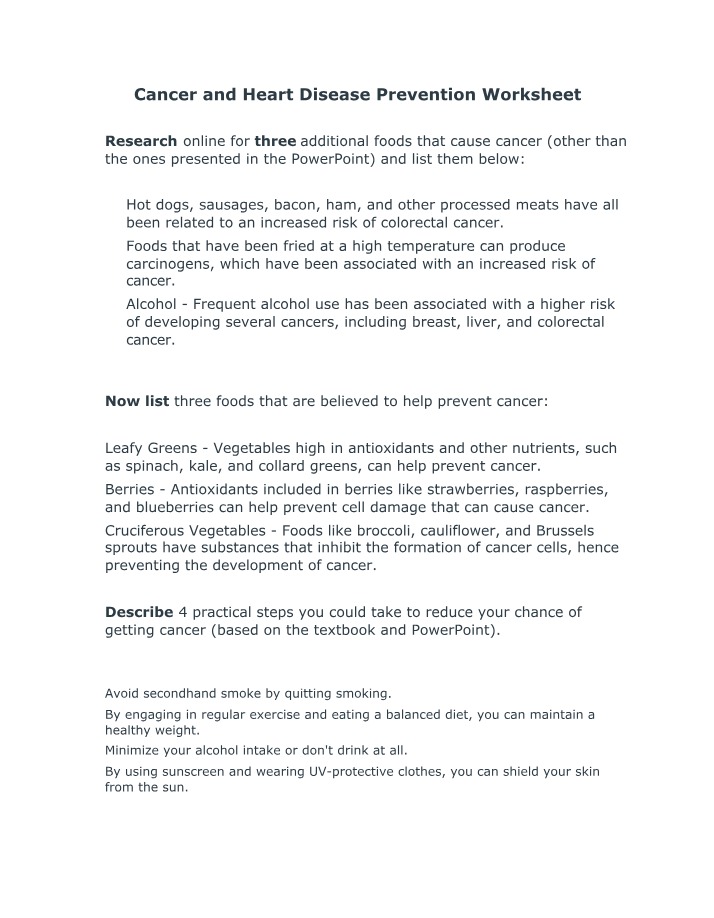Worksheet on Cancer and Heart Disease Prevention