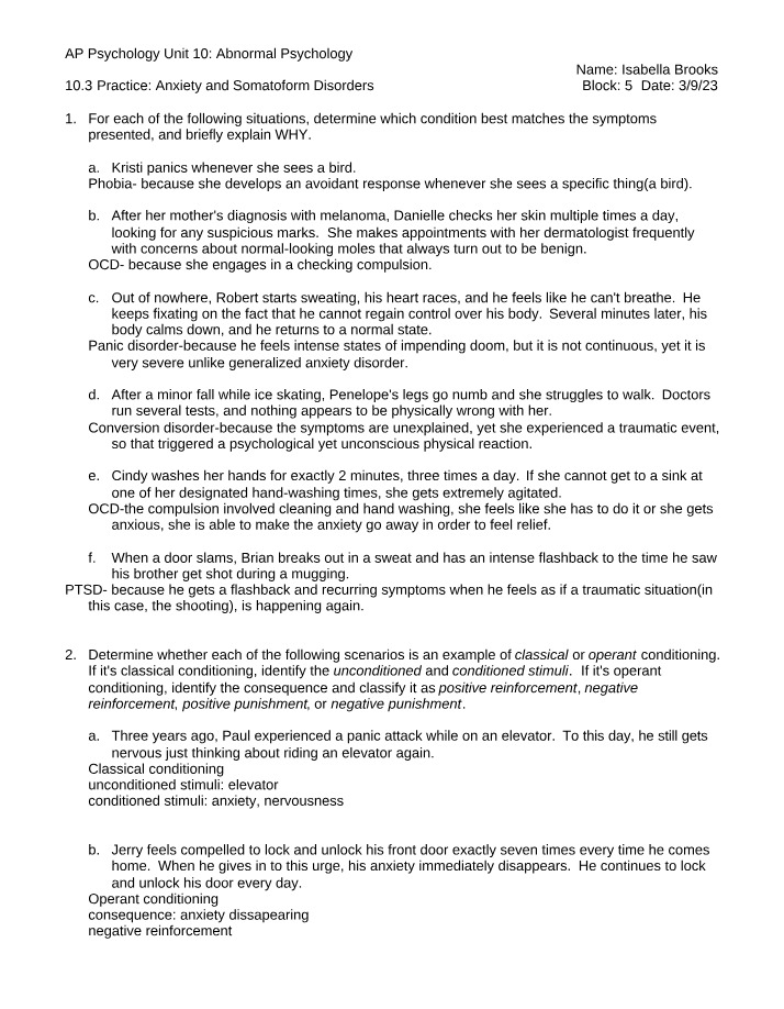 Practice for Anxiety and Somatoform Disorders