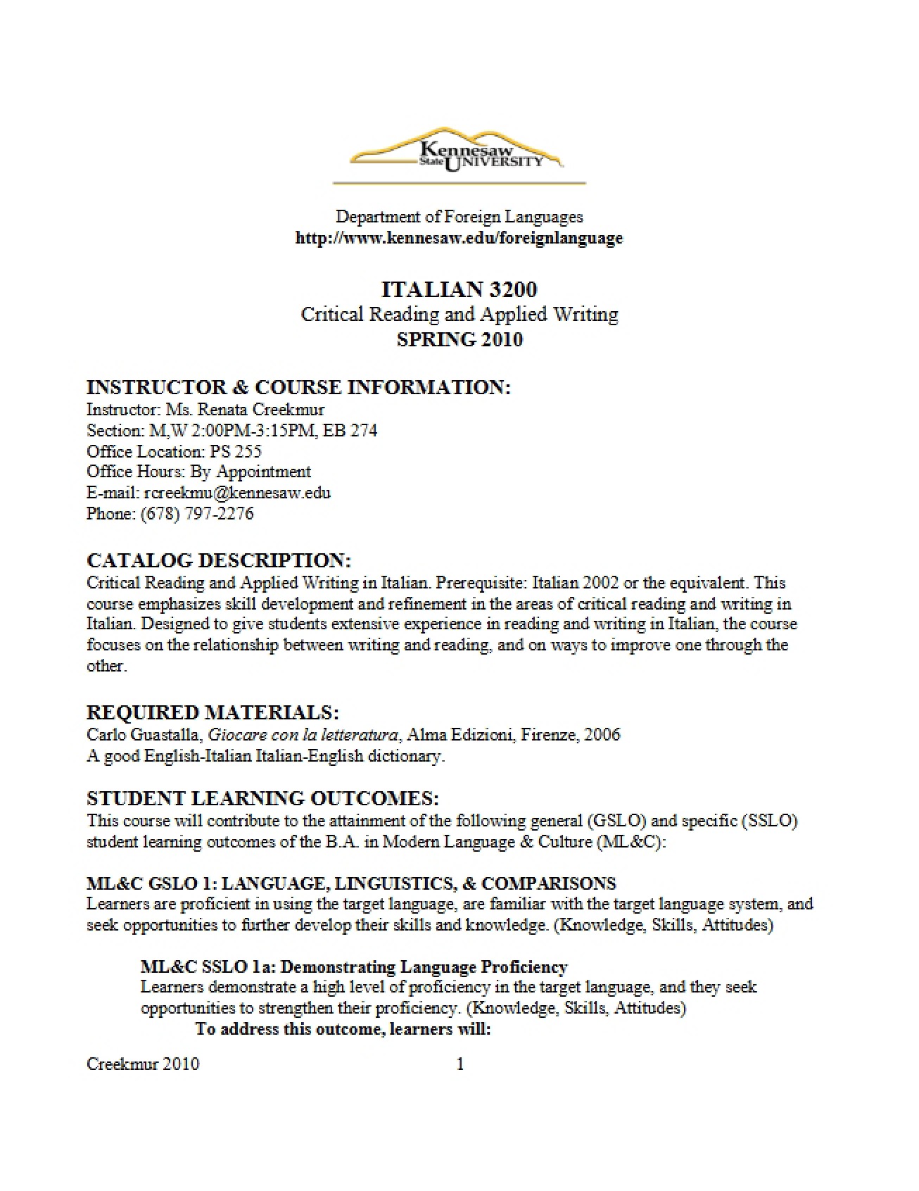 Syllabus for ITAL 3302 Conversation