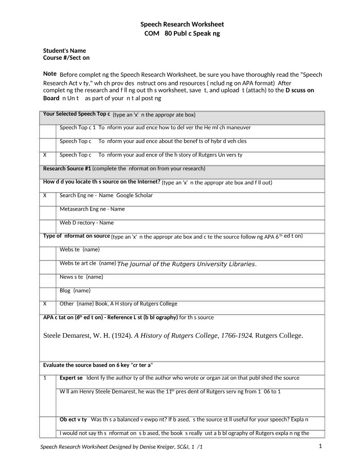 Worksheet for Speech Research