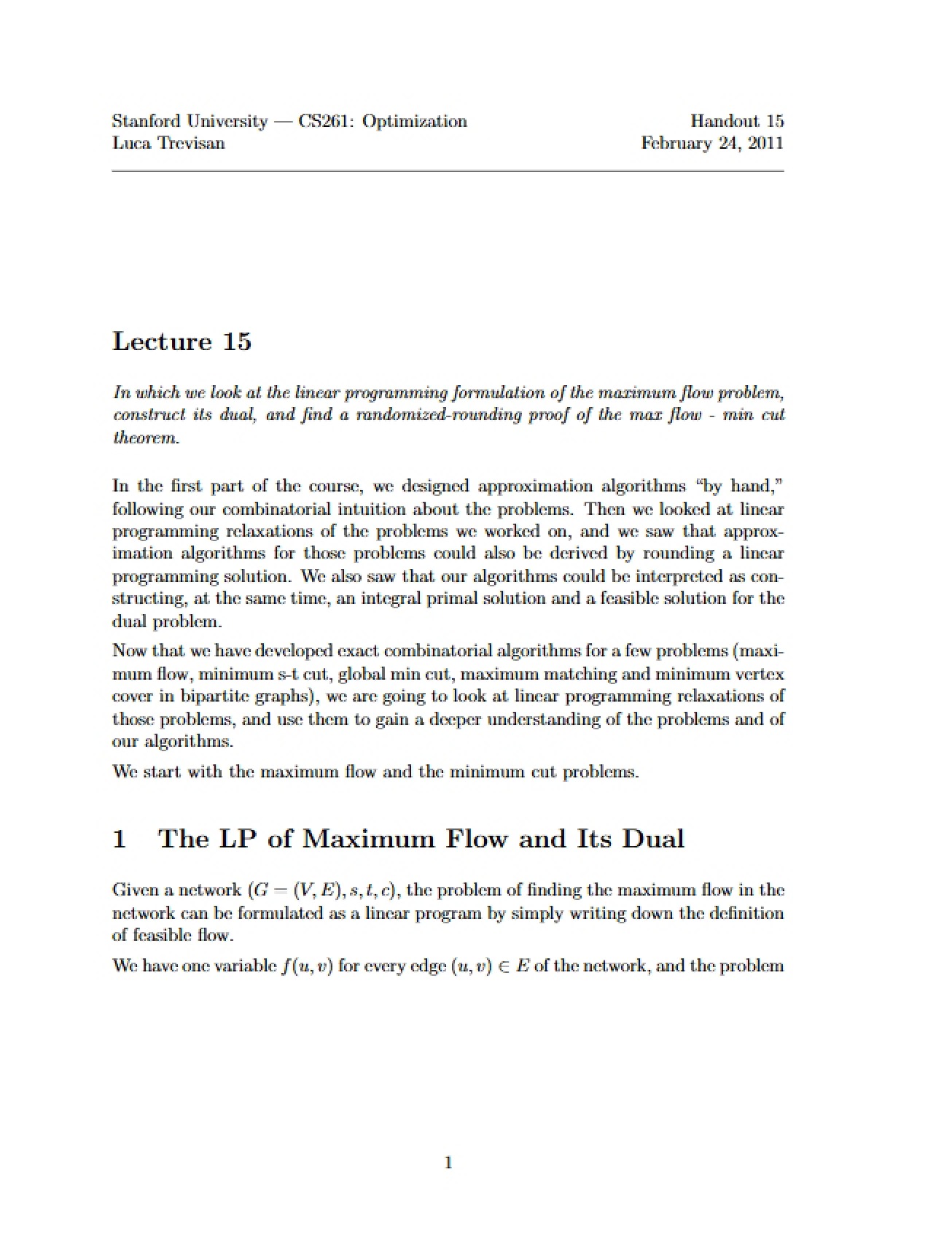 Fifteenth Lecture on Optimization and Algorithmic Paradigms