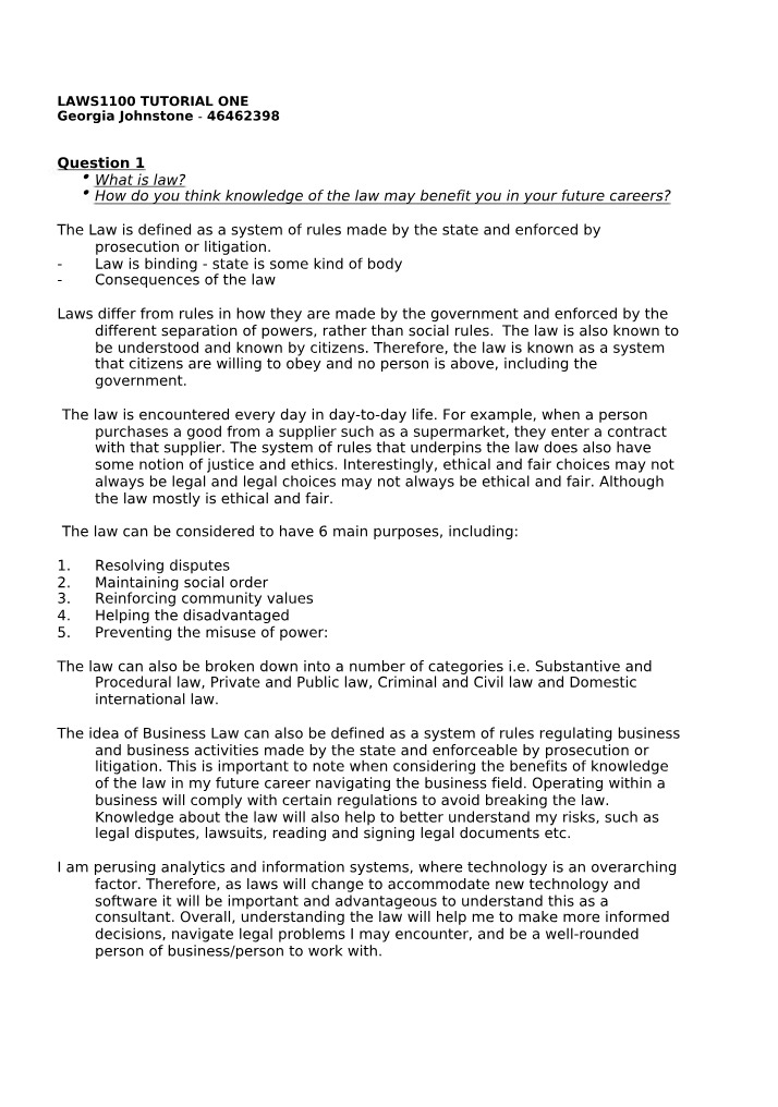 Submission for Tutorial One (LAWS1100)