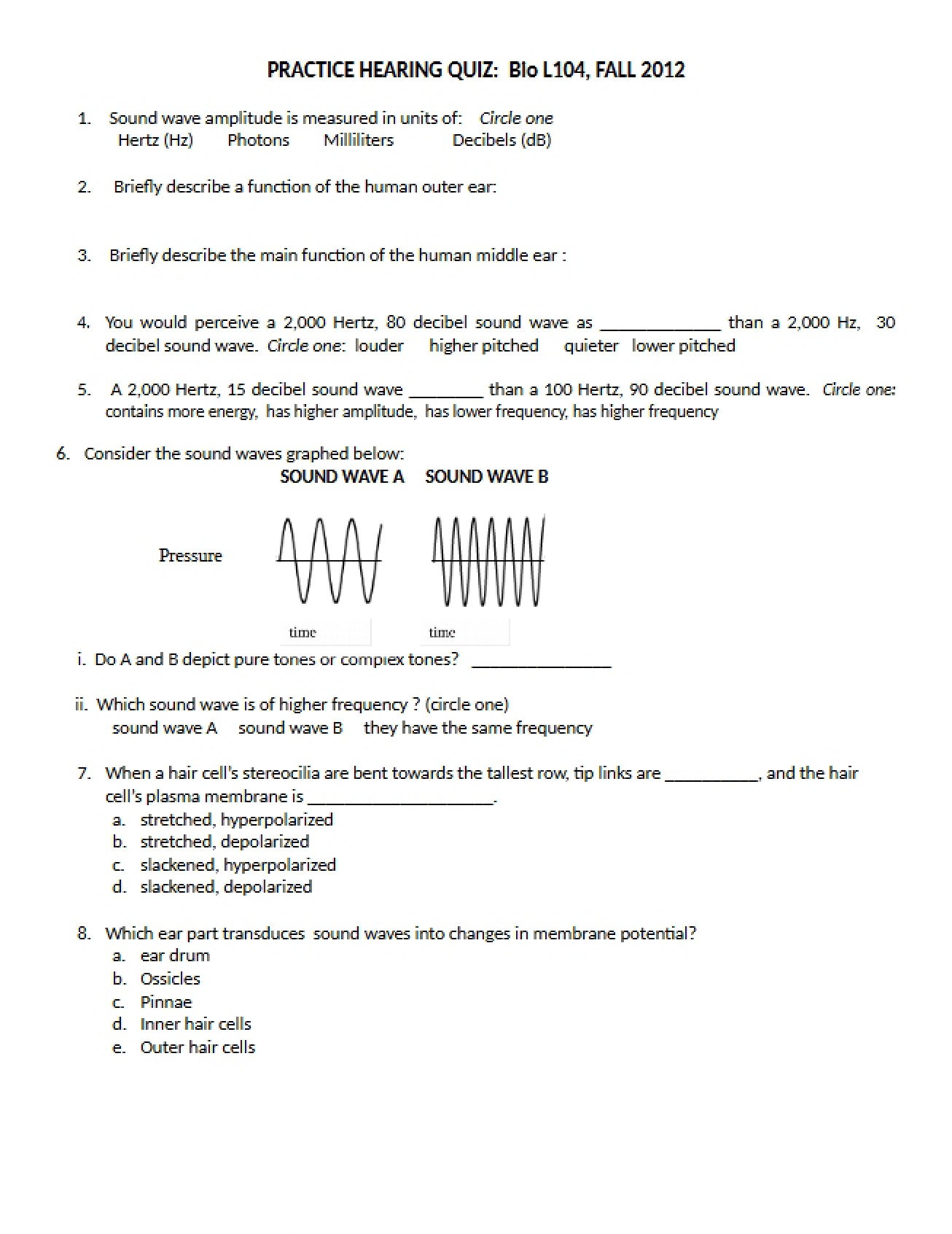 Practice Quiz on Hearing (Fall 2012)