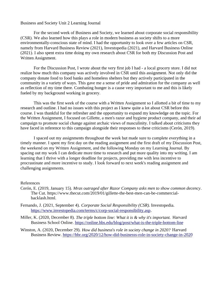 Unit 2 Learning Journal - Business and Society