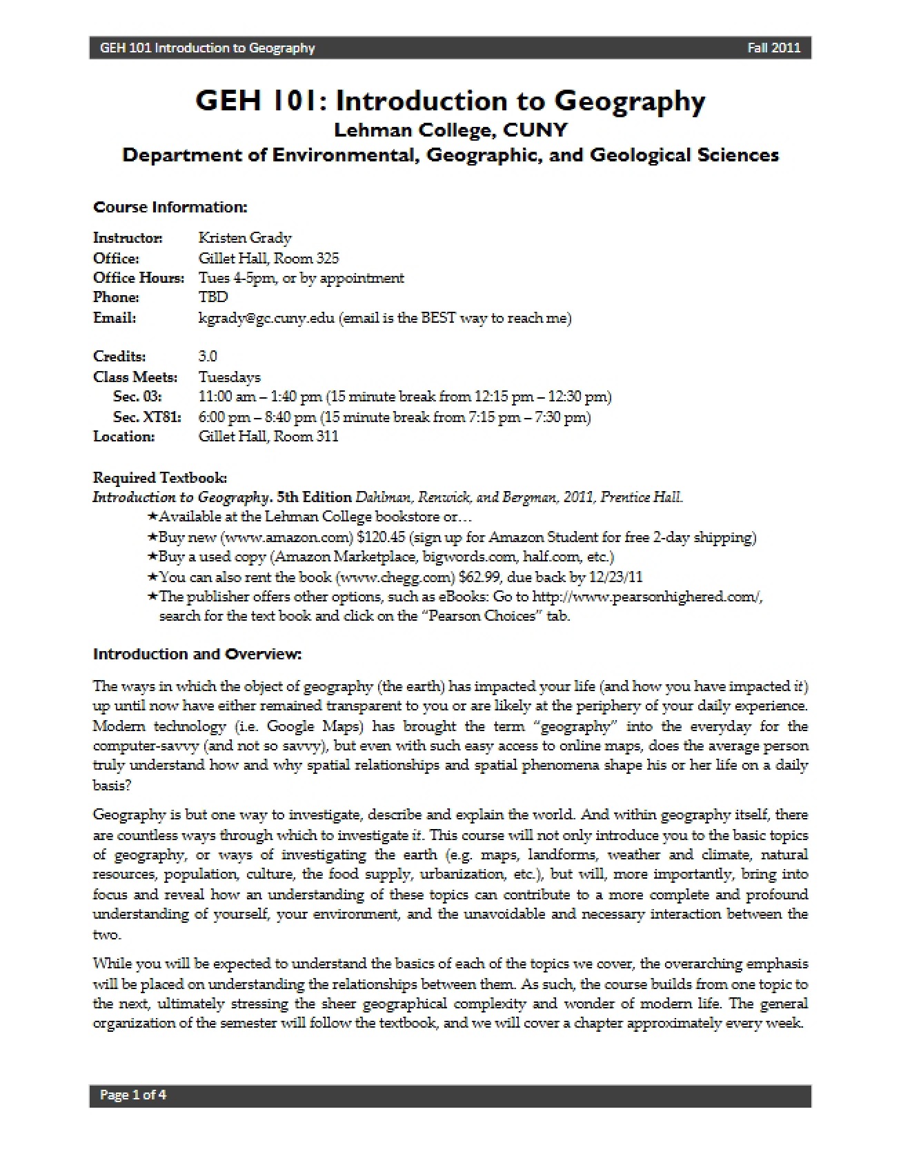 Course Information for Introduction to Geography
