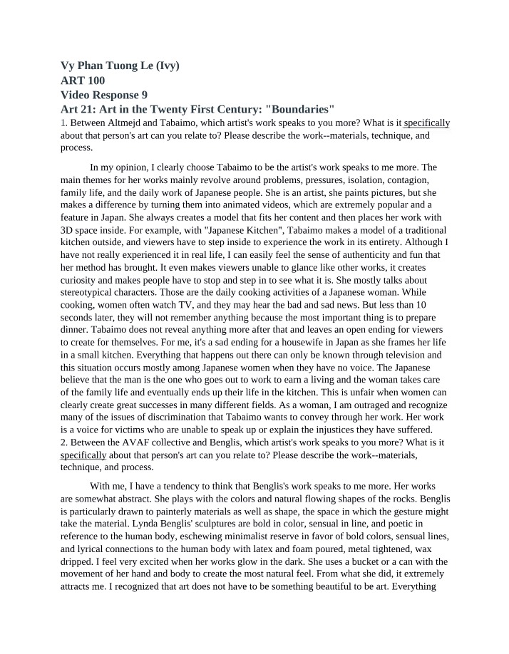 Art 21 - Art in the Twenty First Century - Video Response 9
