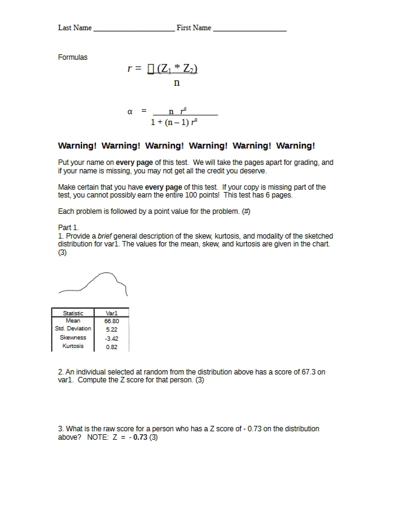 Practice Version A for Test 1