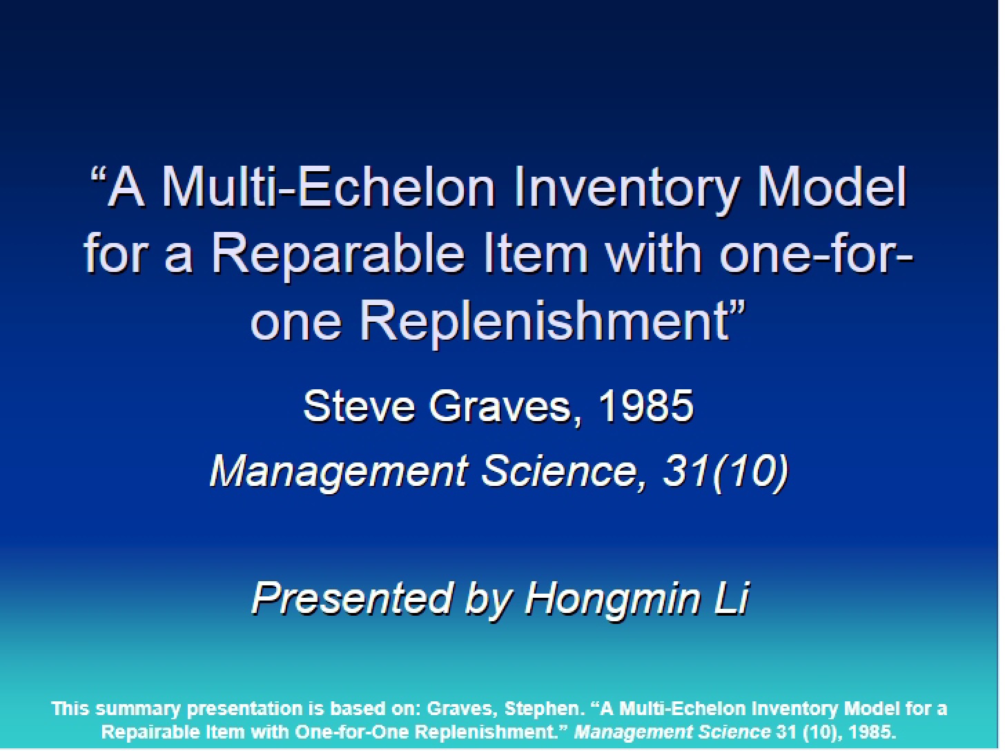 Inventory Model (Multi-Echelon)