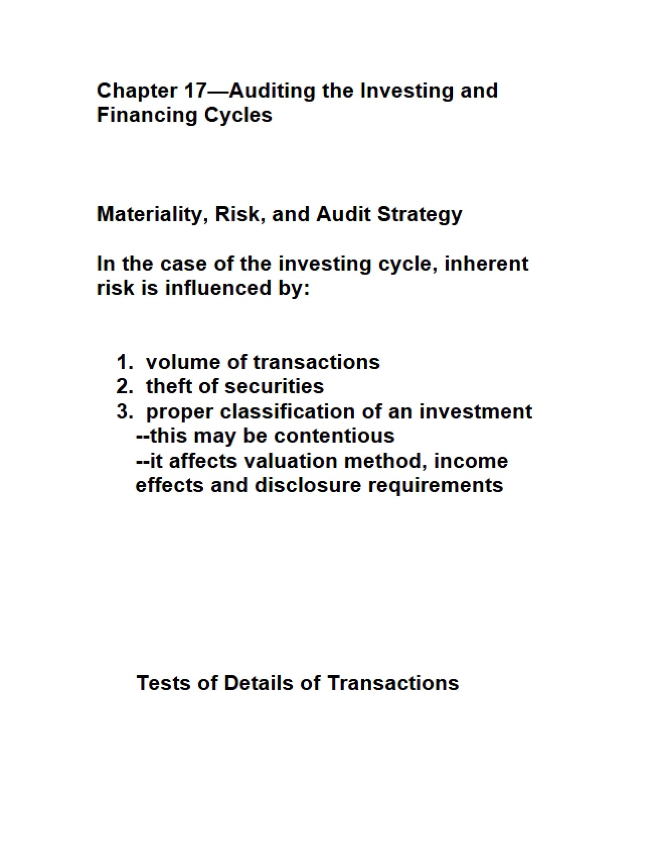 Investing and Financing Cycles Audit - Ch 17