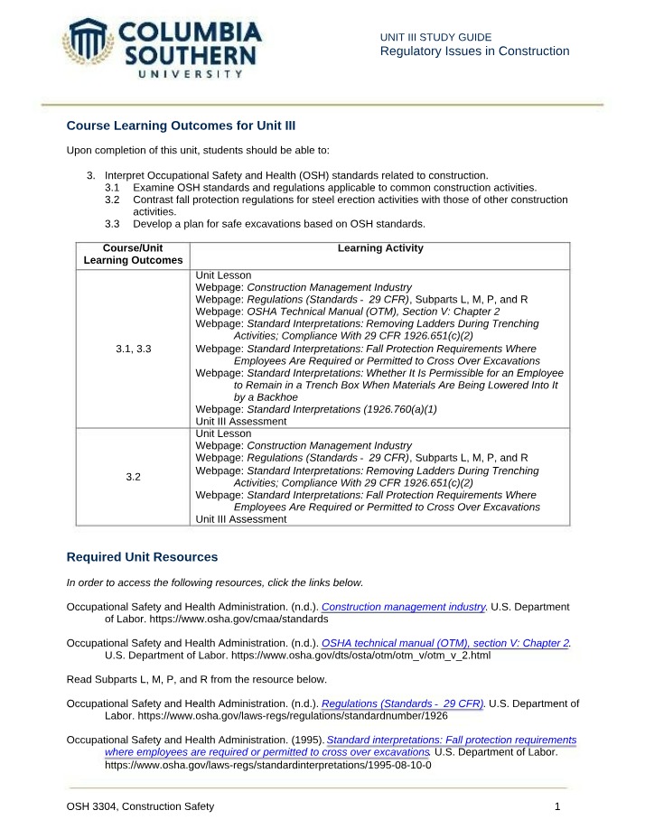 Regulatory Issues in Construction - Unit III Study Guide