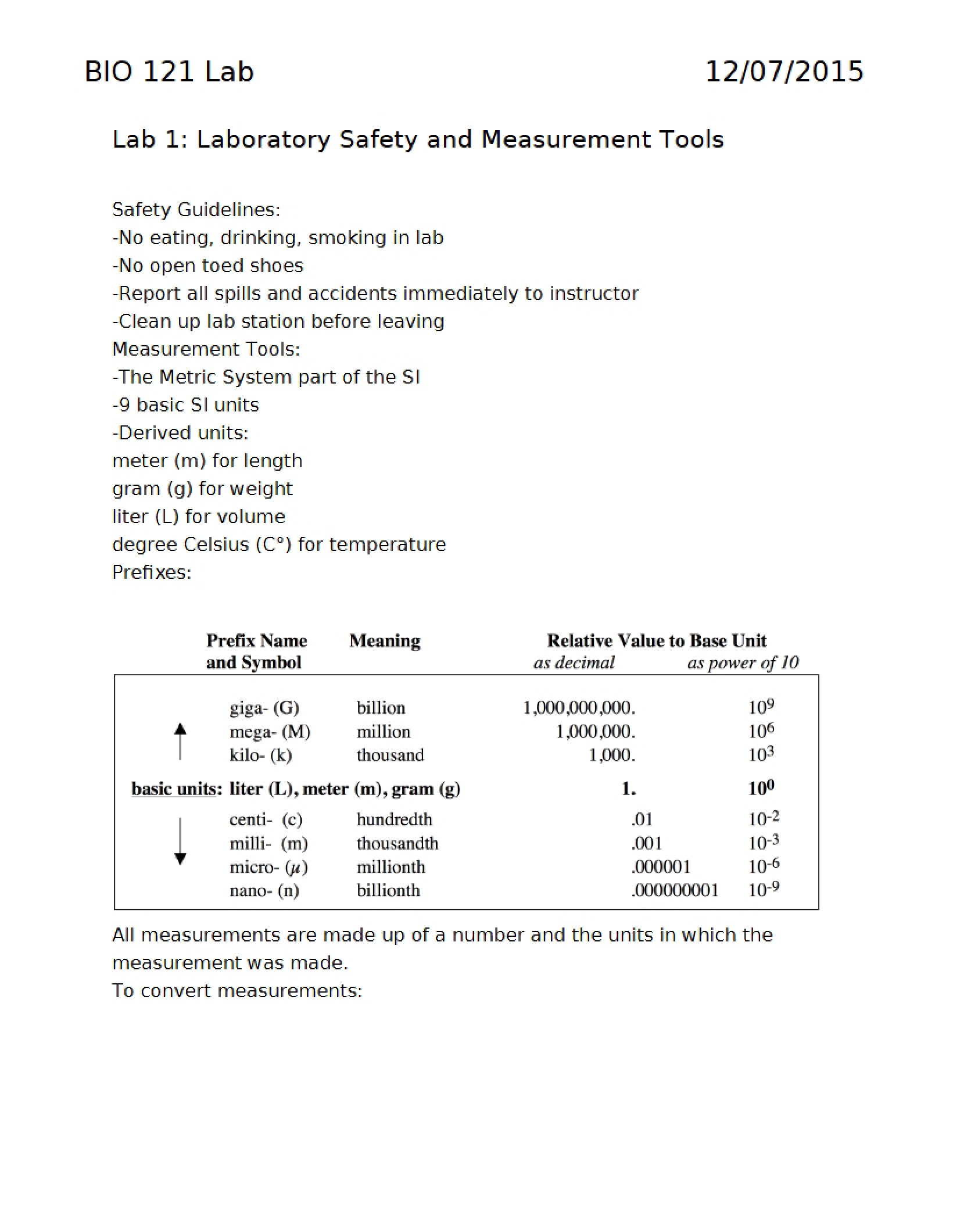 Safety and Measurement Tools Lab 1