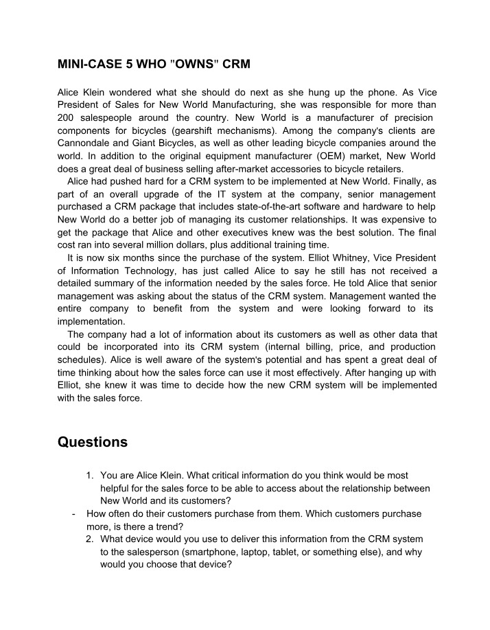 Who Owns CRM - Mini-Case 5