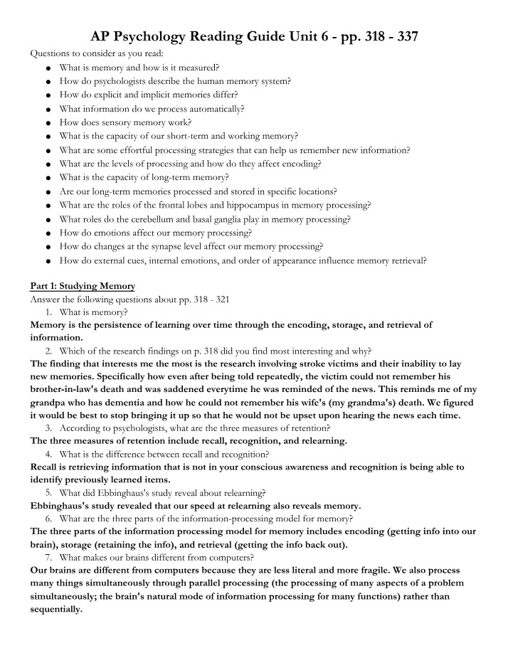AP Psychology Reading Guide, Unit 6 (Pages 318-337)
