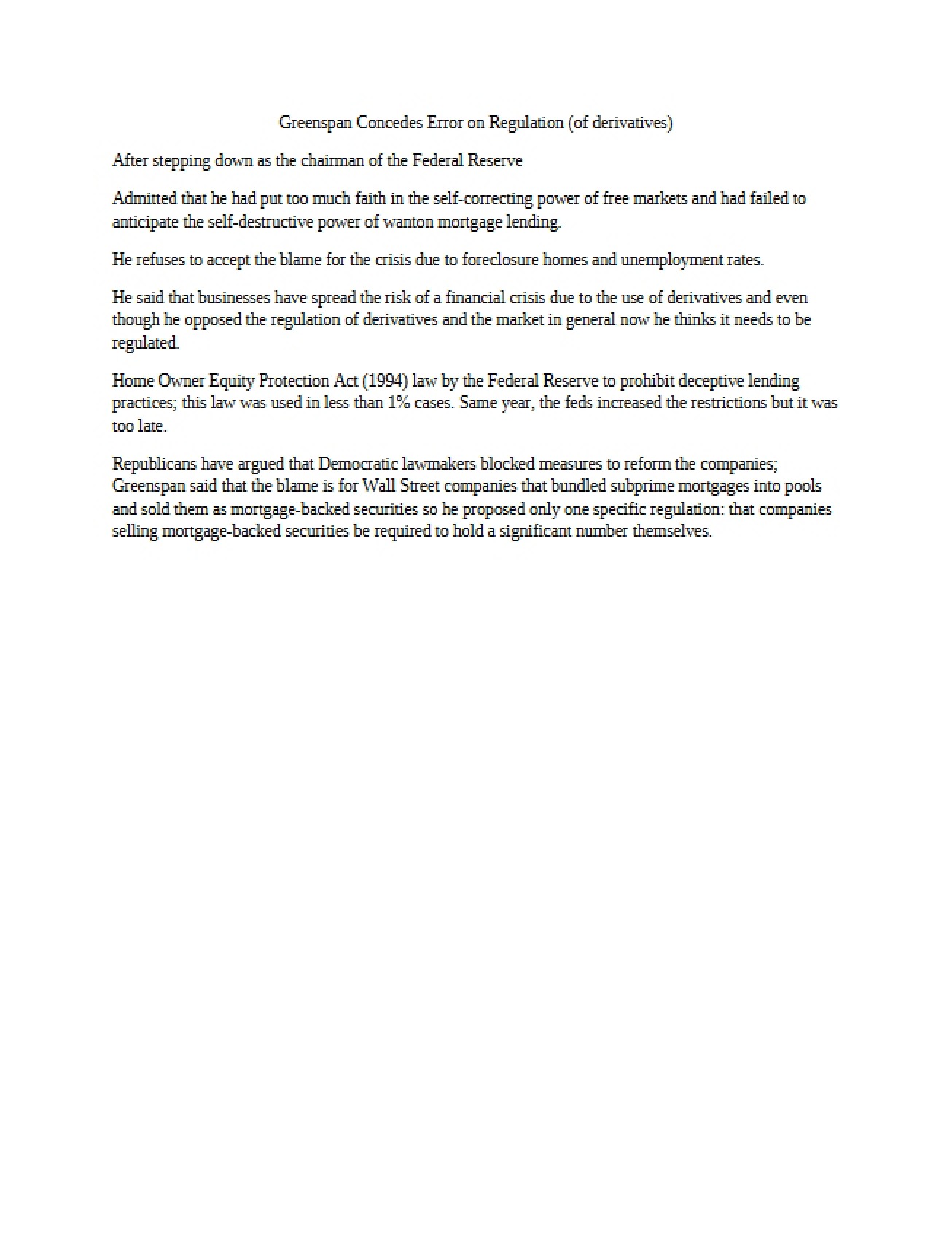 Analysis of Greenspan's Concession on Regulation Errors