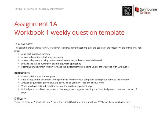 Weekly Question Template for Assignment 1A