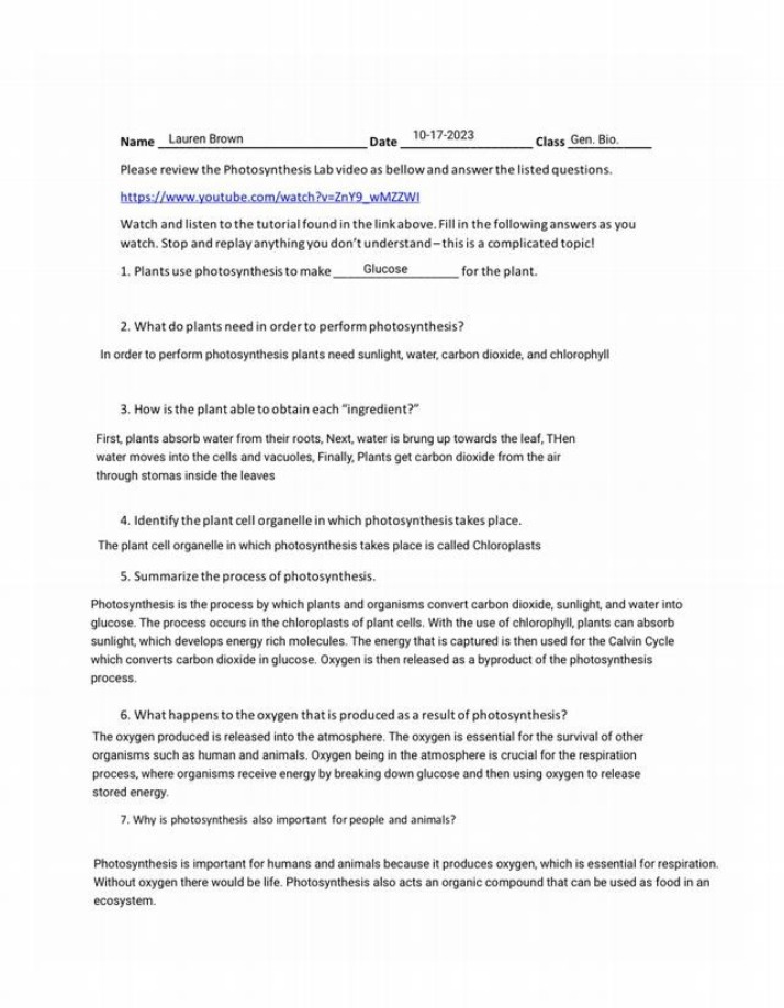 Lab Report - Photosynthesis Process, Importance, and Oxygen