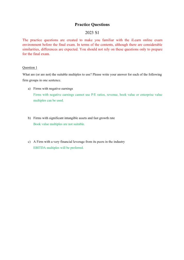 Firm Valuation and Cash Flow - Practice Questions