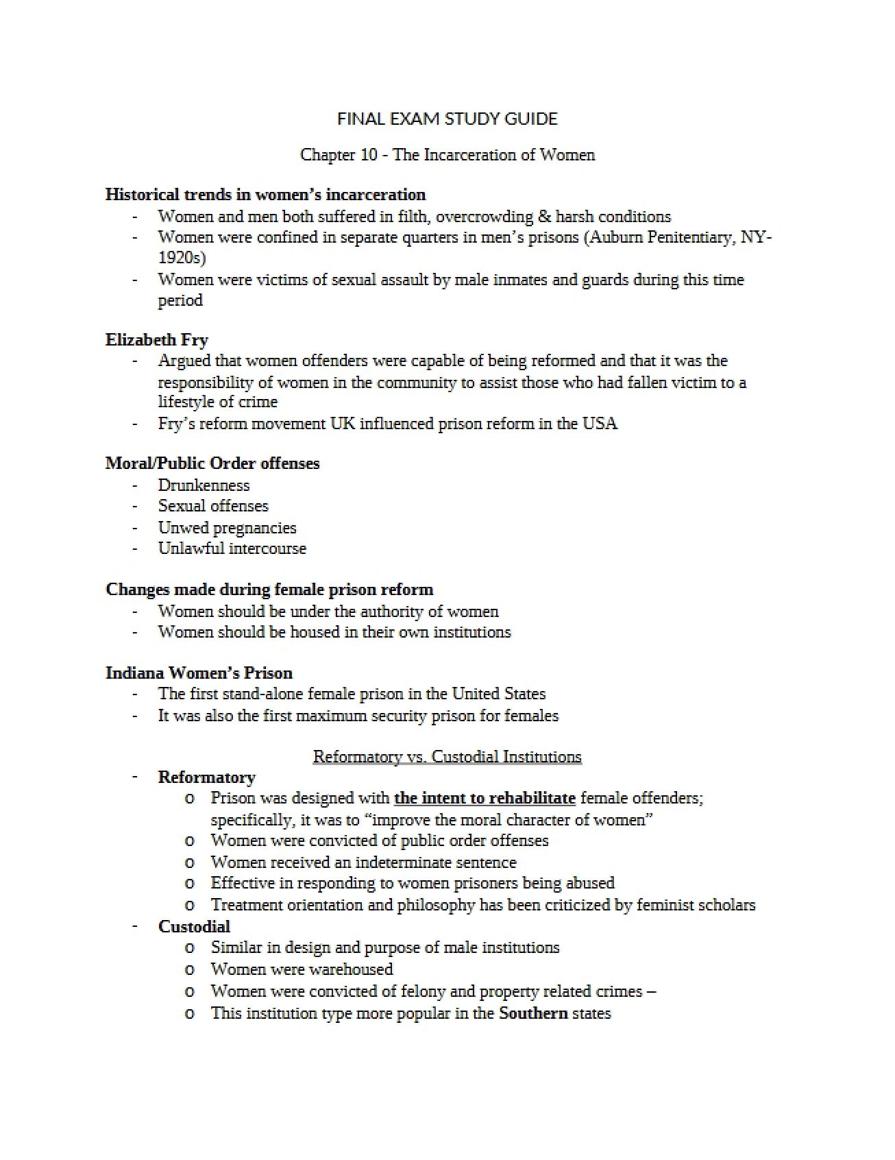 Study on the Incarceration of Women Chapter 10