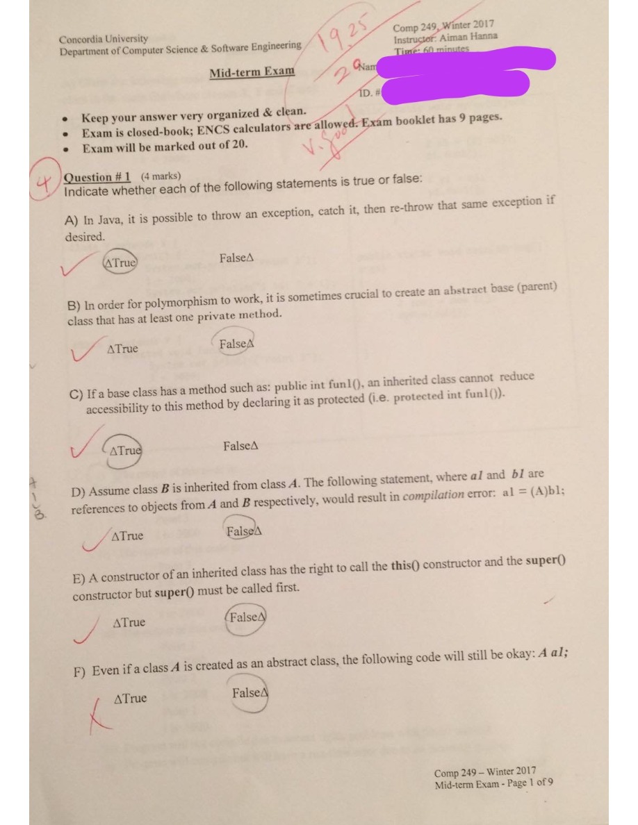 Winter 2017 Mid-term Exam for COMP 249
