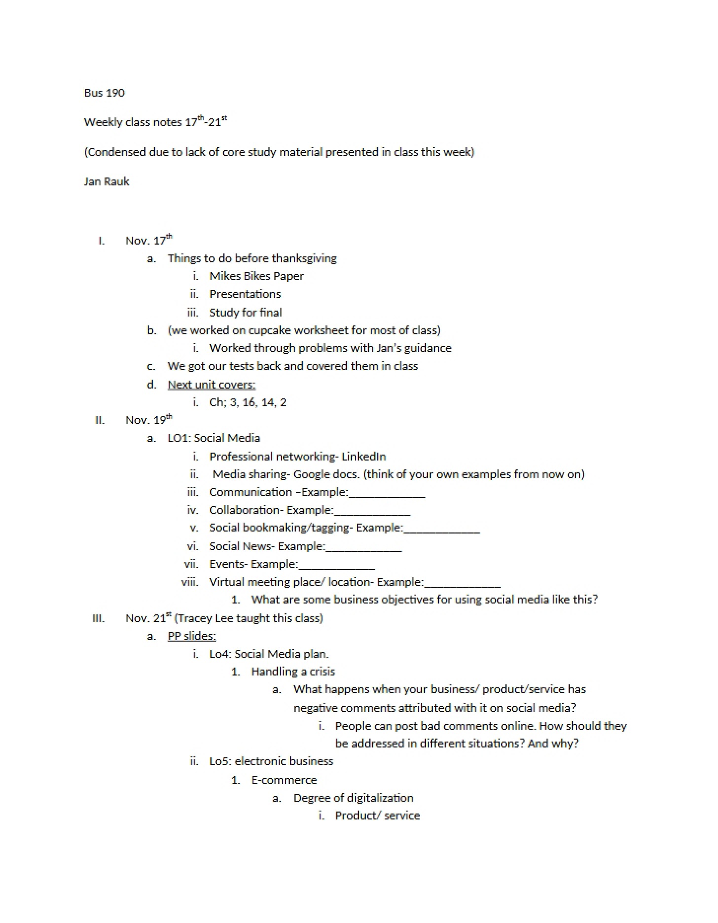 Notes from Weekly Class