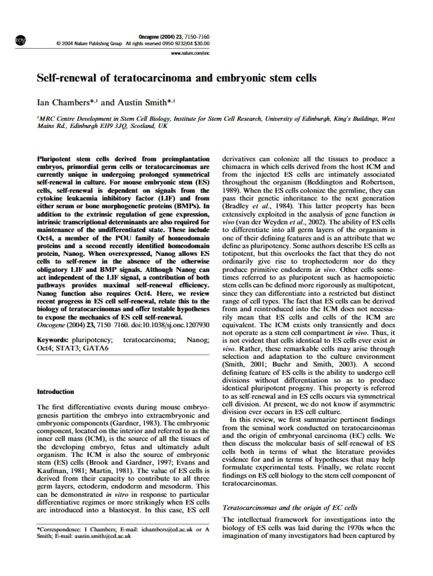 Embryonic Stem Cells and Teratocarcinoma Self-Renewal