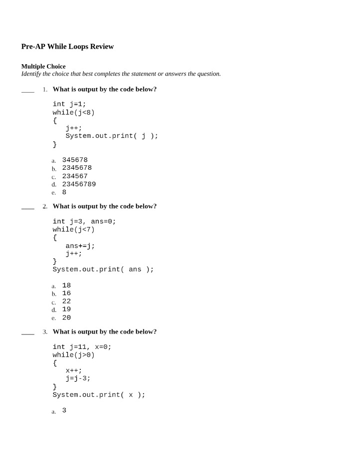 While Loops Review - Pre-AP Multiple Choice Questions