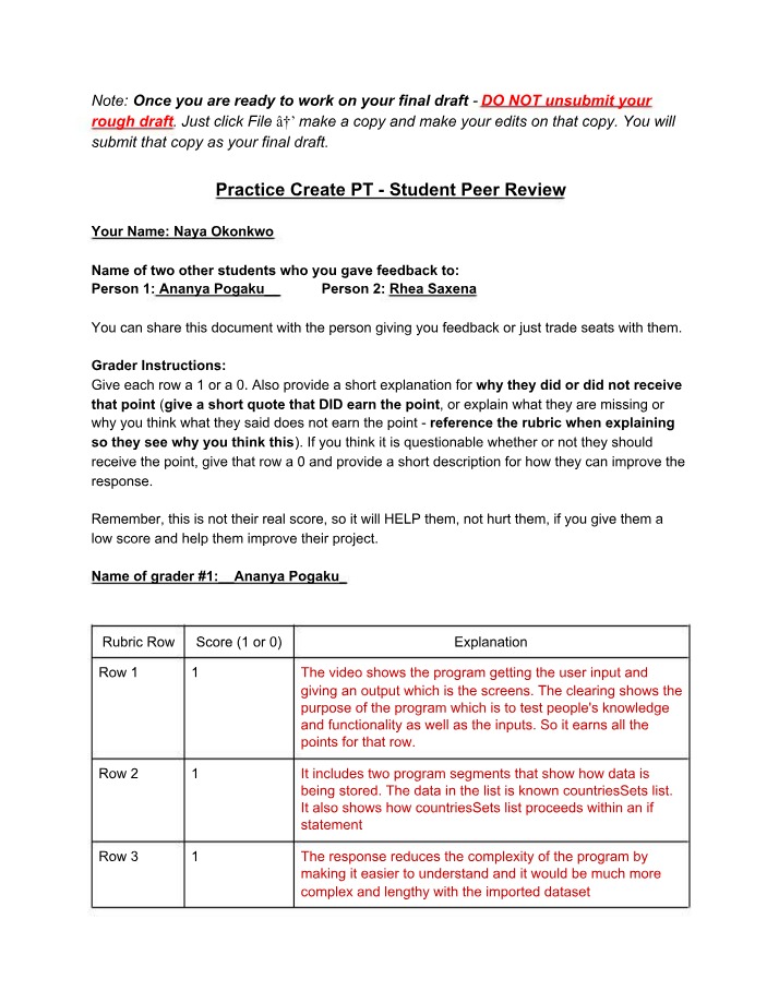 Peer Review for Practice Create PT Evaluating Program