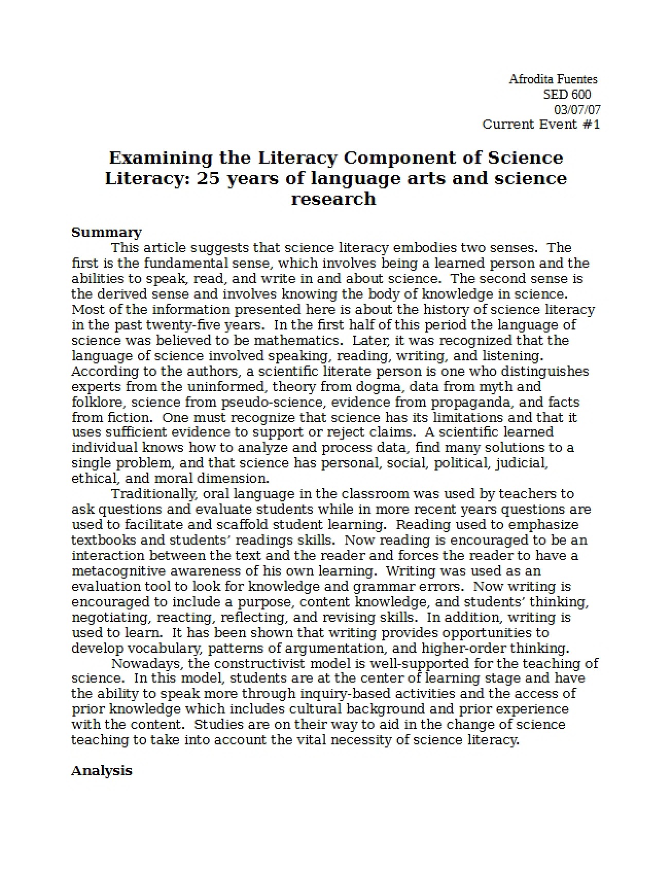 Science Literacy Examining Components